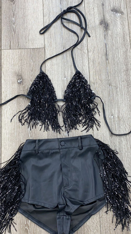 Tina Leather & Sequins Short Set | Black