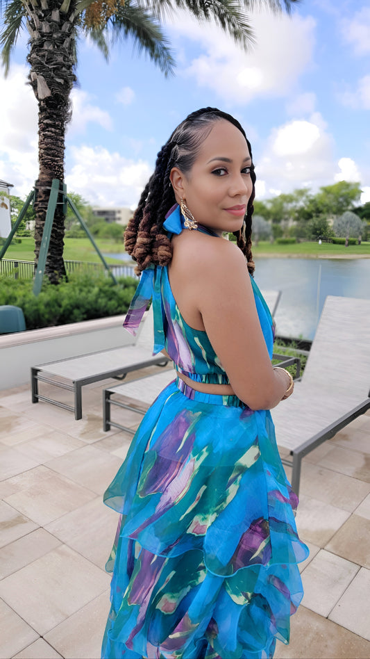 Caribbean Blues Ruffled Skirt Set | Blue