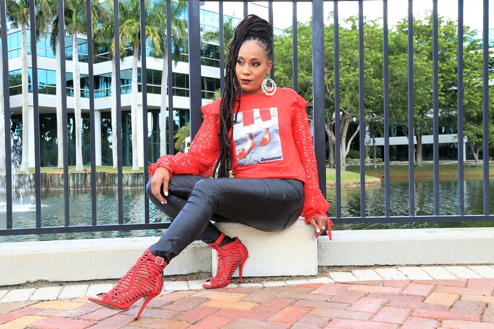 Mesh Sleeves & Graphic Top- Red