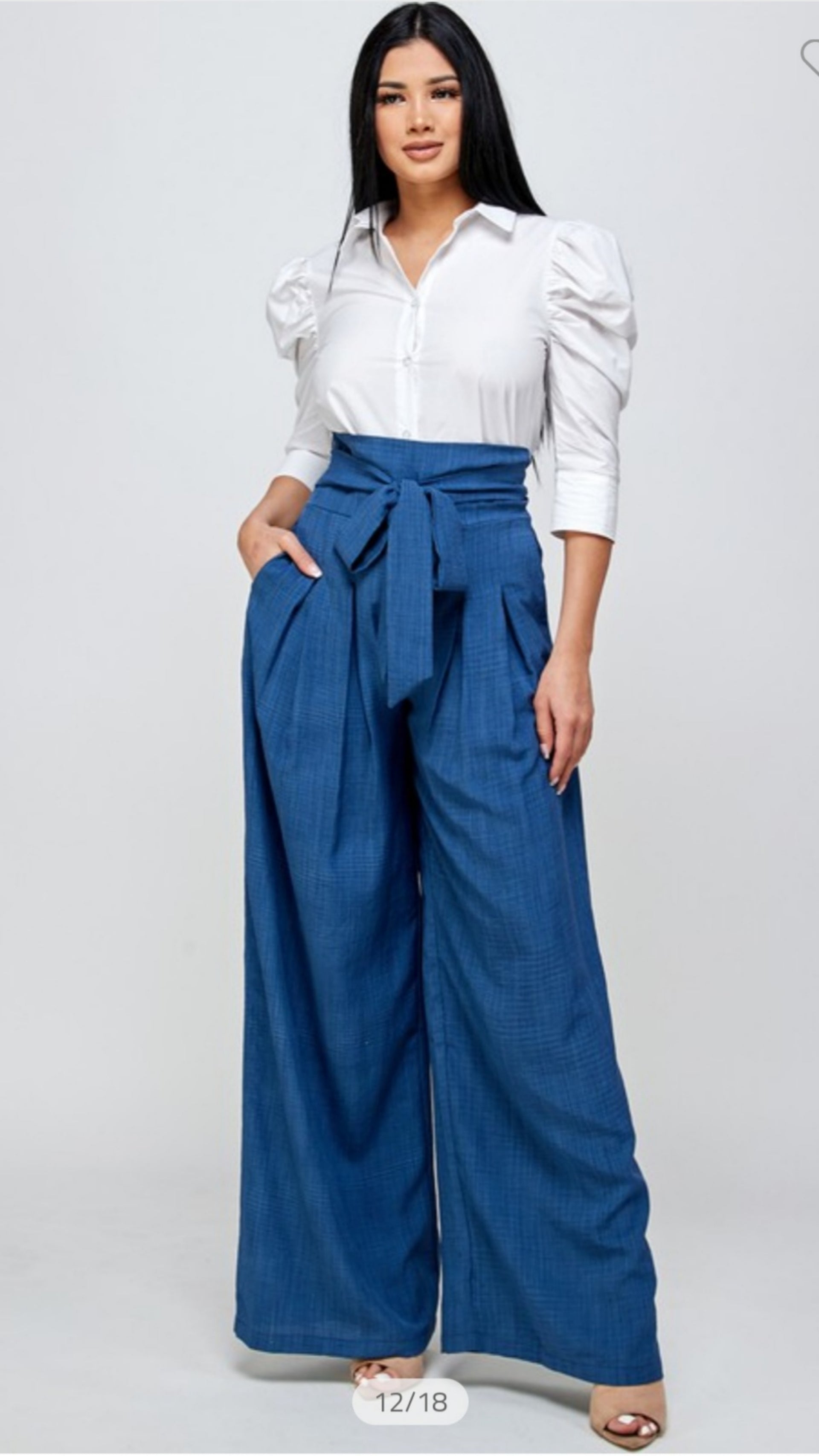 Denim Palazzo Pants with Rose Pattern and Hair Clip Accessory Detail - Gizia