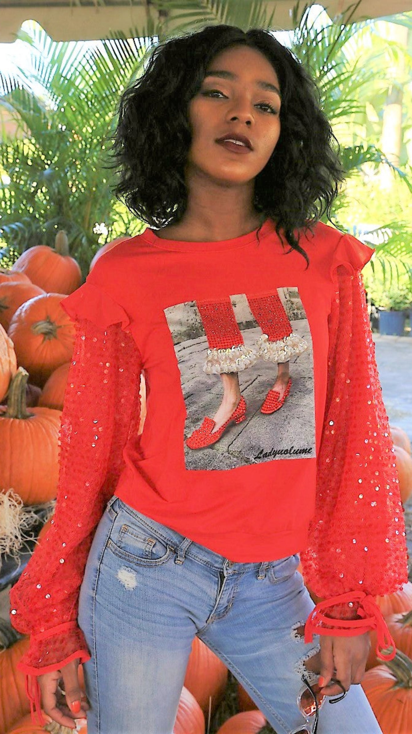 Mesh Sleeves & Graphic Top- Red